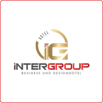Logo des Intergroup Business- und Designhotels in Gold und Rot – stilvolles Branding für gehobene Hotellerie | web design und website erstellen Ingolstadt